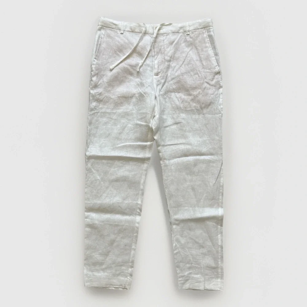 ZARA Linen Pants Womens L White Drawstring Lightweight Trouser Minimalist Beach